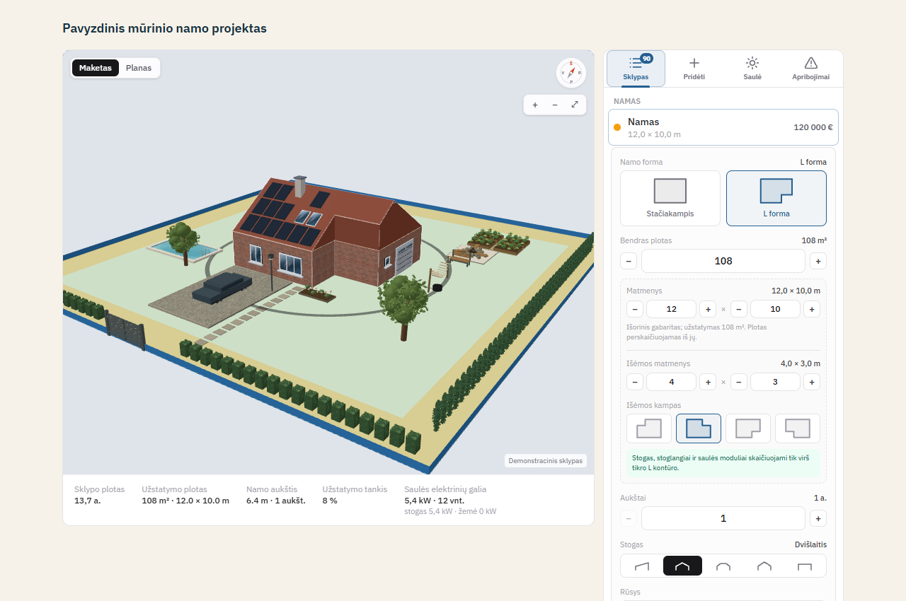 3D sklypo maketas iš šono su L formos mūriniu namu, saulės moduliais, baseinu, takais ir želdiniais