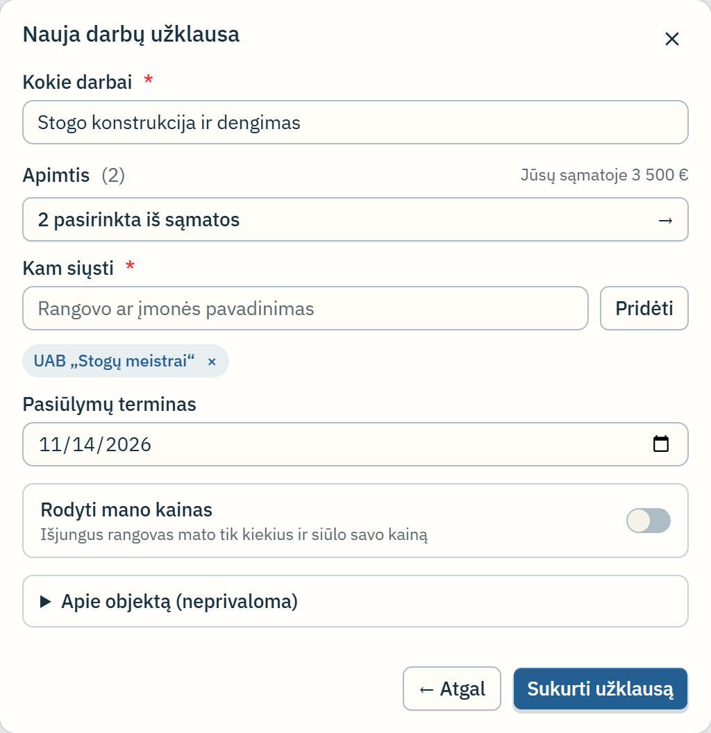 Darbų užklausos nustatymai: darbų pavadinimas, apimtis iš sąmatos, gavėjas, pasiūlymų terminas ir „Rodyti mano kainas“ jungiklis